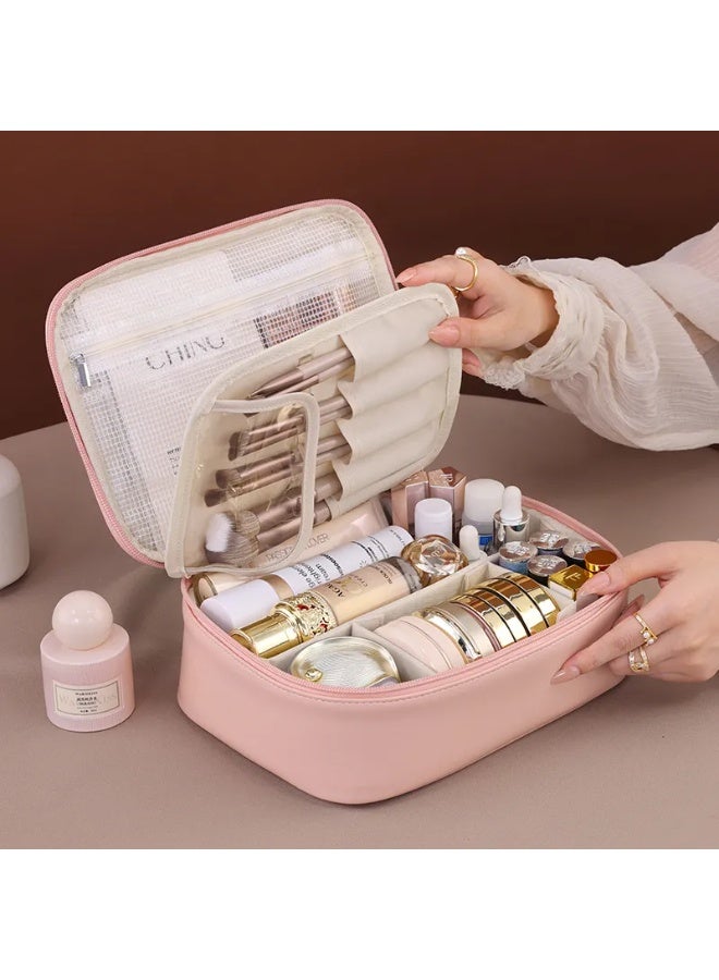 شنطة منظم مكياج جلد متعددة الطبقات مع فواصل داخلية - وردى - Image 1
