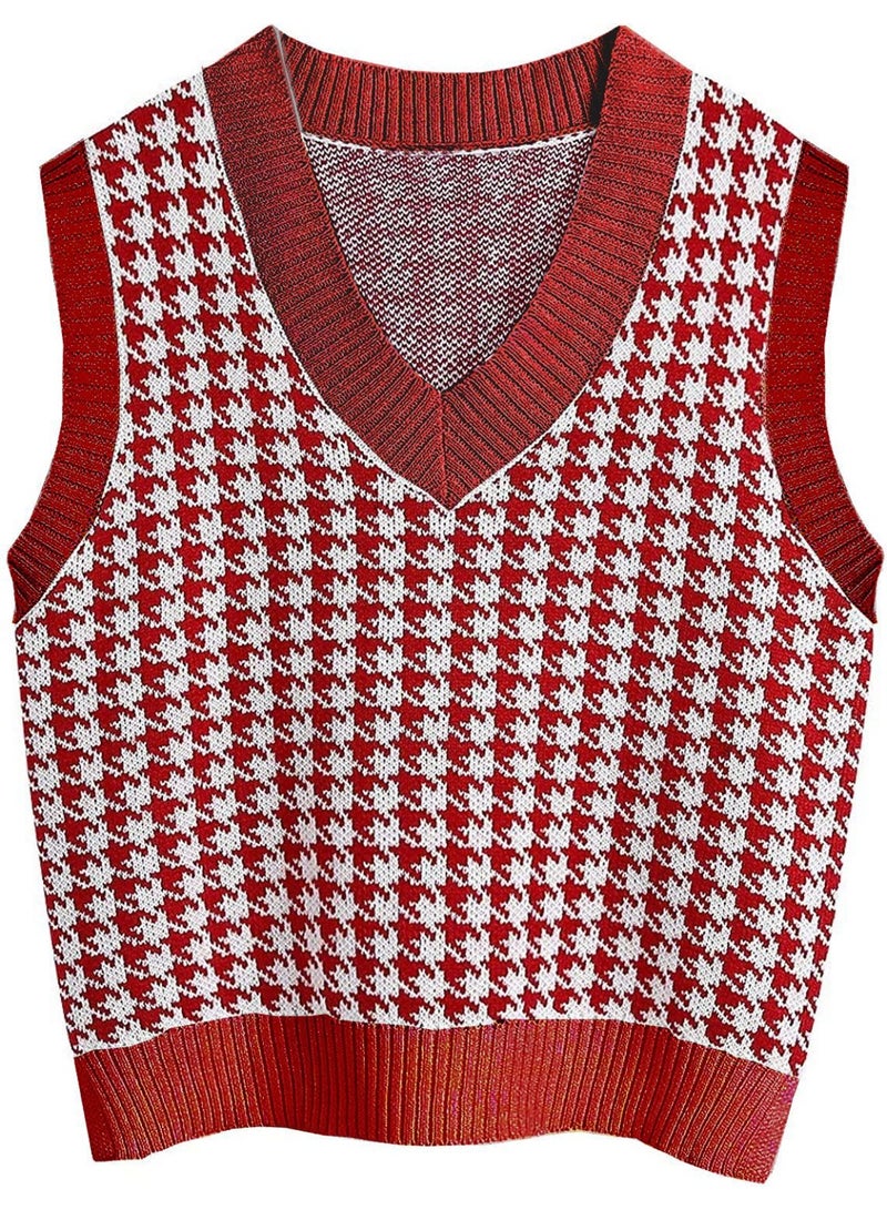 NIBEMINENT Sweater Vest Women Loose V-neck Plaid Retro Knitted Tops Korean Fashion Patchwork Sleeveless Sweaters - Image 1