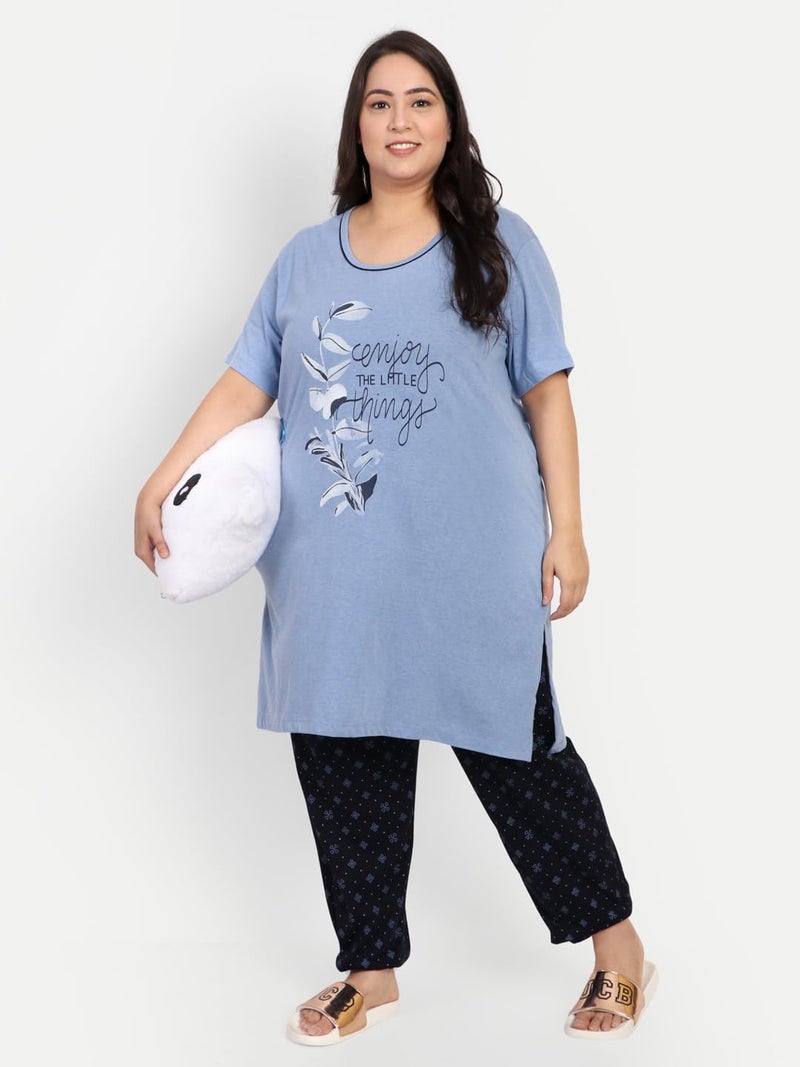 CUPID Women's Printed Plus Size Cotton Night Dress, Lounge N Sports Wear, Track Suit,Top N Pyjama Set With Pocket For Ladies, 4X-Large, Sky Blue N Black - Pajama Set - Image 1