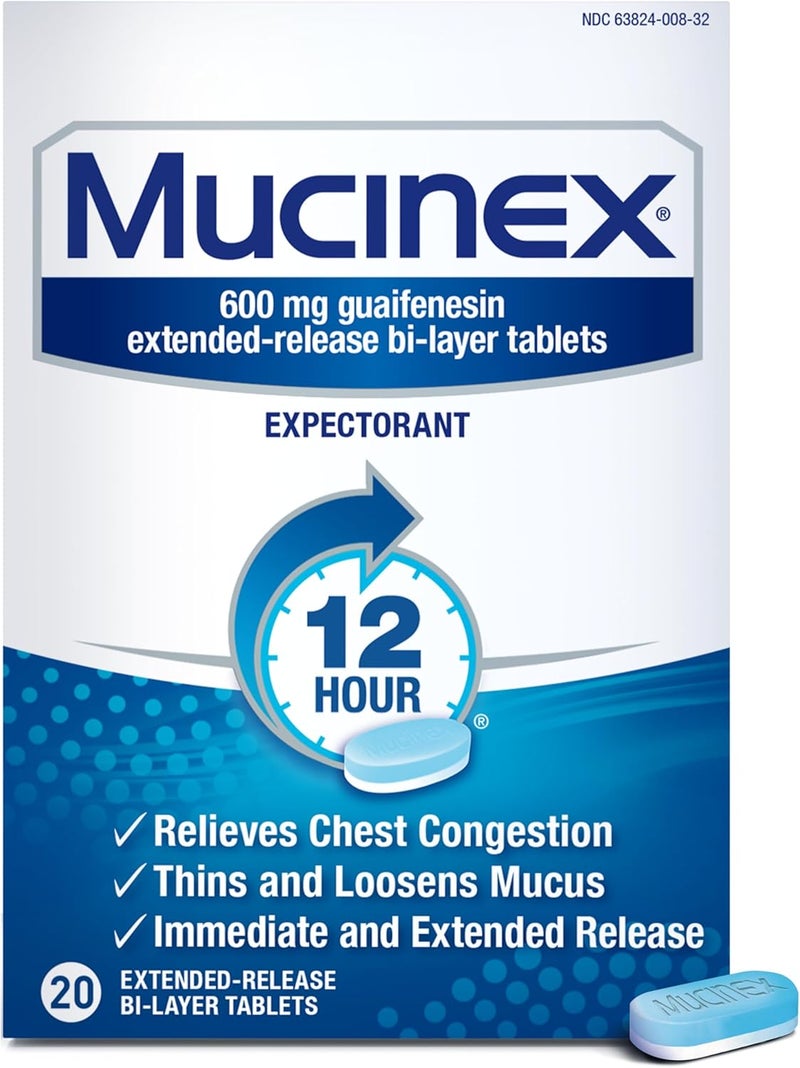 MUCINEX أقراص طاردة للبلغم لتخفيف احتقان الصدر 12 ساعة إفراز ممتد 20 حبة 600 ملغ جوايفينيسين مع تخفيف ممتد لاحتقان الصدر الناتج عن المخاط الزائد يخفف ويحرر المخاط - Image 1