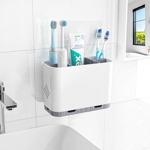 Homtalker Toothbrush and Toothpaste Holders for Bathrooms Countertop - Detachable 5 Slots Kids Electric Toothbrush Holders Set Wall Mounted with Removable Dividers for Bathroom Decor and Accessories Organizer - Image 1
