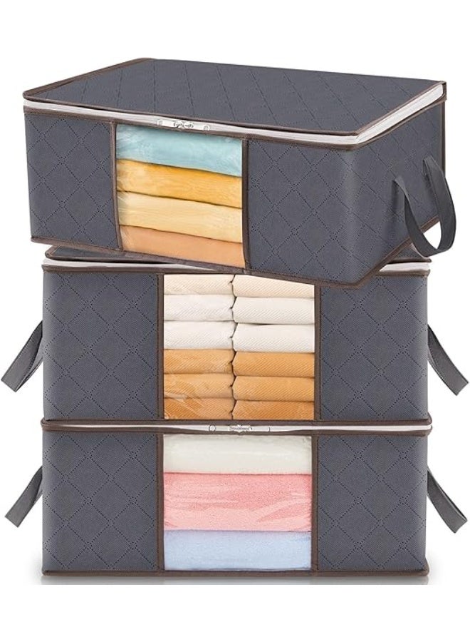 DUNISO 3 Pack Clothes Storage Bag, Foldable Storage Bin Closet Organizer with Reinforced Handle, Sturdy Fabric Blanket Storage with Clear Window, Storage Containers for Clothing, Bedding, Gray - Image 1