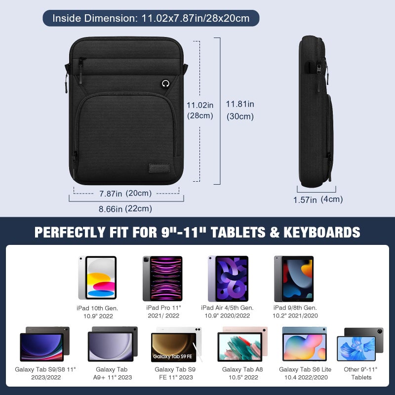 MoKo 9-11 Inch 360Â° Protective Tablet Sleeve Bag, Fits iPad Air M3 11, 5/4th 10.9, iPad A16 10/9/8/7th 10.2, iPadPro 11 Inch, Tab S8/S9 11, Multifunctional Bag with Shoulder and Headphone Port, Black - Image 2