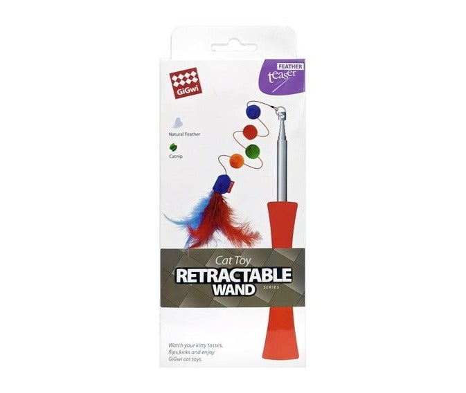 GiGwi Red Retractable Wand Cat Teaser Toy with Feathers , 1 pcs