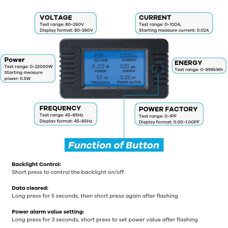 Hosyond AC 80-260V 100A Multi-Function Power Monitor LCD Digital Display Voltage Current Frequency Power Factor Energy Meter Ammeter Voltmeter with Split Core Current Transformer - Image 3