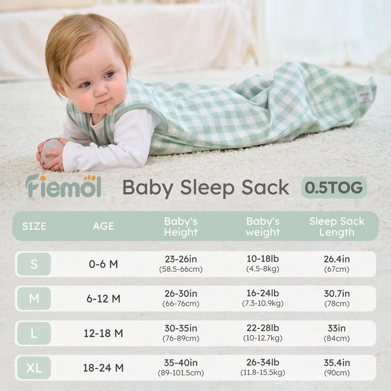 FIEMOL Baby Sleep Sack 6-12 months, 100% Cotton Sleeping Sack for Newborn and Infant, 3 Pack Baby Wearable Blanket, 0.5 Tog Lightweight Double Zipper Sleep Bag Medium Green Forest Bear - Image 4