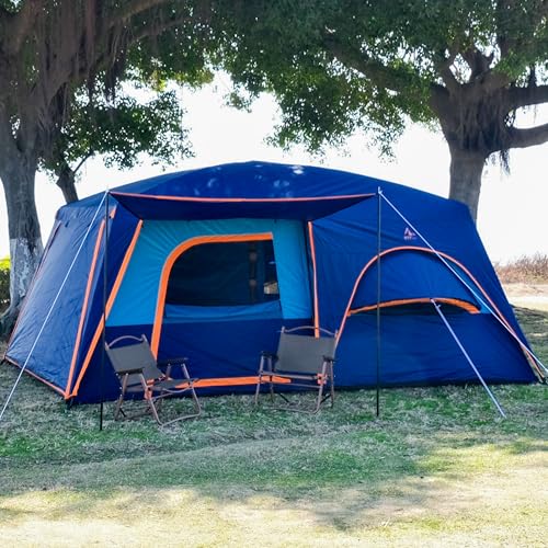 KTT Extra Large Tent 12 Person,Family Cabin Tents,Full Rainfly,2 Bay-Windows,2 Rooms and 3 Doors 3 Windows with Mesh,Waterproof,Straight Wall,Double Layer,Big Tent for Outdoor,Picnic,Camping(Blue) - Image 3