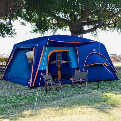 KTT Extra Large Tent 12 Person,Family Cabin Tents,Full Rainfly,2 Bay-Windows,2 Rooms and 3 Doors 3 Windows with Mesh,Waterproof,Straight Wall,Double Layer,Big Tent for Outdoor,Picnic,Camping(Blue) - Image 2