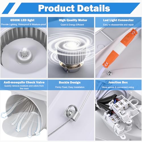 FEITON Square Bathroom Exhaust Fan with Light, 160 CFM 35W 4 Inch Duct, 100-240V 1.0 Sones Quiet Bathroom Ceiling Fan, Shower Fan Light Combo(Mounting Hole: 10.2 x 10.2 Inches) - Image 5