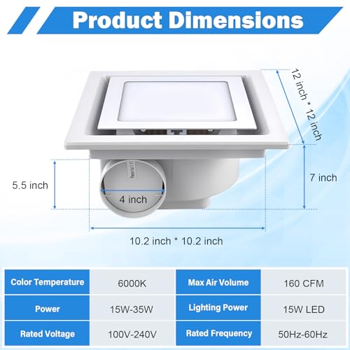 FEITON Square Bathroom Exhaust Fan with Light, 160 CFM 35W 4 Inch Duct, 100-240V 1.0 Sones Quiet Bathroom Ceiling Fan, Shower Fan Light Combo(Mounting Hole: 10.2 x 10.2 Inches) - Image 2