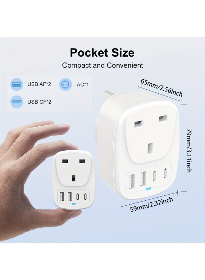 محول سفر بالمملكة المتحدة، محول طاقة سفر مزود بمنفذين USB ومنفذين من النوع C، ومنفذ طاقة قياسي واحد بالمملكة المتحدة. - Image 2