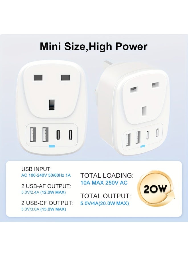 محول سفر بالمملكة المتحدة، محول طاقة سفر مزود بمنفذين USB ومنفذين من النوع C، ومنفذ طاقة قياسي واحد بالمملكة المتحدة. - Image 3