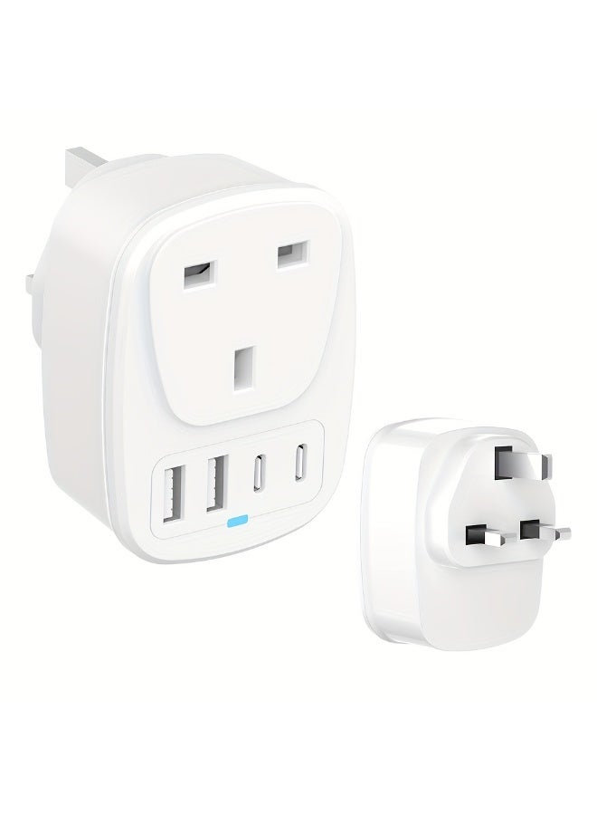 محول سفر بالمملكة المتحدة، محول طاقة سفر مزود بمنفذين USB ومنفذين من النوع C، ومنفذ طاقة قياسي واحد بالمملكة المتحدة. - Image 1