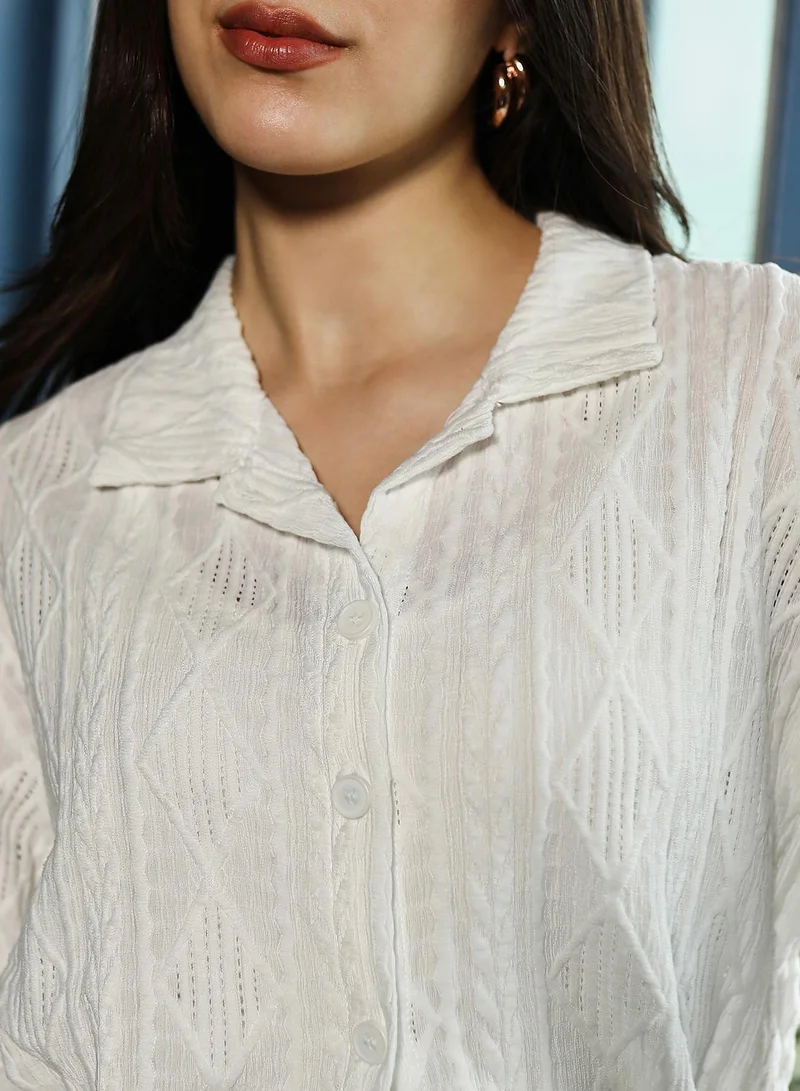 PINACOLADA  Women's Cloud White Indie-Geometric Tactile Oversized Shirt | نساء | أكمام قصيرة | طبعة هندسية | طوق كوبي | كاجوال كبير الحجم | قميص for Women | Best Price UAE