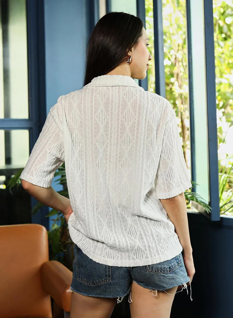 PINACOLADA  Women's Cloud White Indie-Geometric Tactile Oversized Shirt | نساء | أكمام قصيرة | طبعة هندسية | طوق كوبي | كاجوال كبير الحجم | قميص for Women | Best Price UAE