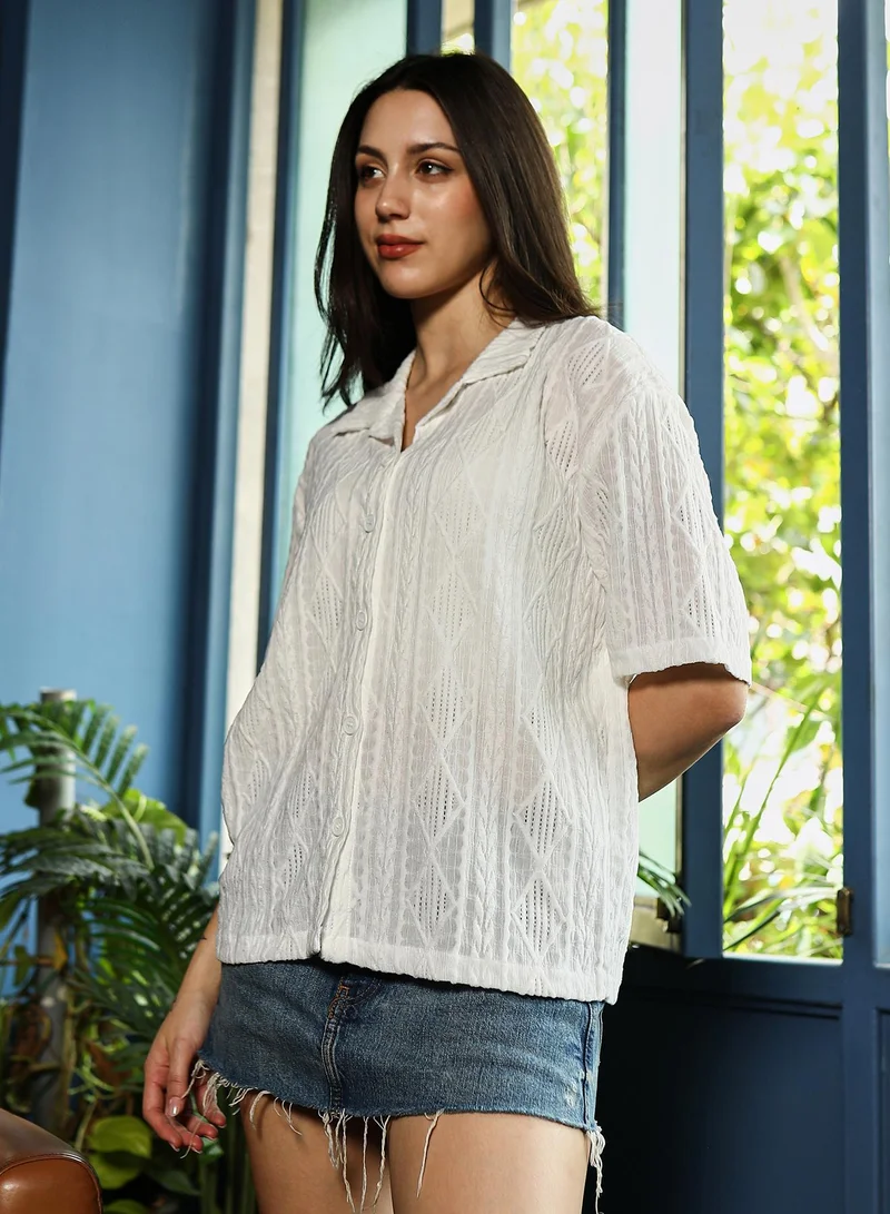 PINACOLADA  Women's Cloud White Indie-Geometric Tactile Oversized Shirt | نساء | أكمام قصيرة | طبعة هندسية | طوق كوبي | كاجوال كبير الحجم | قميص for Women | Best Price UAE
