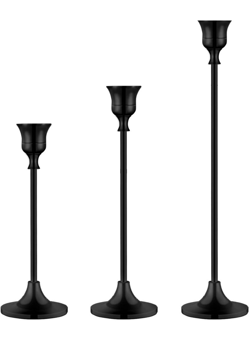 3 قطع من حوامل الشموع العمودية (Candlestick Holders) باللون الأسود، مناسبة للشموع الرفيعة، تتميز بتصميم كلاسيكي مستوحى من الطراز العتيق، ويمكن استخدامها كديكور أنيق لمدفأة المنزل أو حفلات العشاء أو المناسبات والتجمعات، كما تضيف لمسة فاخرة وأنيقة لديكور المنزل والطاولات. - Image 2
