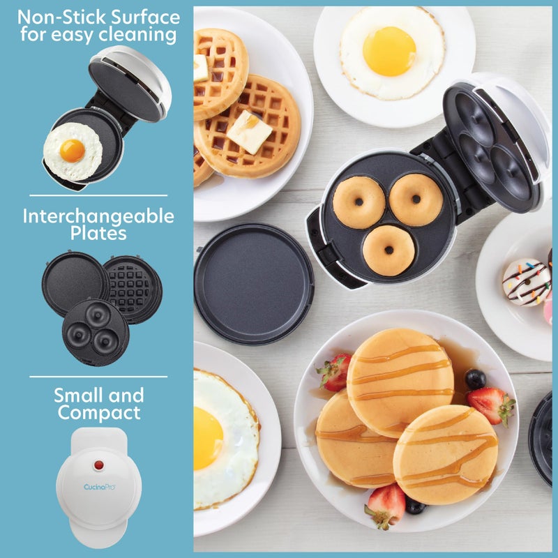 CucinaPro 3 in 1 Mini Breakfast Maker- Make Mini Waffles Donuts Pancakes or Eggs all in 1 Multi Use Appliance- Easily Swap & Clean Interchangeable Griddle Plates- Small Electric Nonstick Baker with Recipe Guide - Image 2