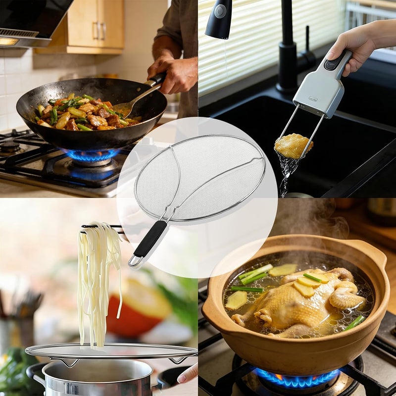 Stainless Steel Splash Guard for Frying Pans - Prevents Oil Splattering, Comfortable  Handle - Image 3