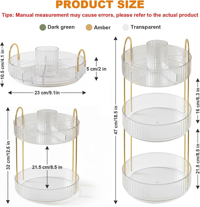 SHANNA Make Up Cosmetic Organiser: 360° Rotatable 3-Stage Large Capacity Makeup Storage Multifunctional Round Rotating Makeup Brush Holder for Dressing Table Bedroom (Clear-A) - Image 5