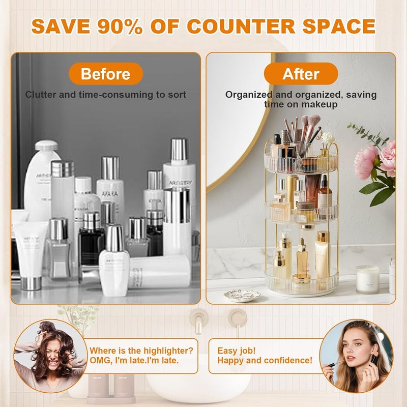 SHANNA Make Up Cosmetic Organiser: 360° Rotatable 3-Stage Large Capacity Makeup Storage Multifunctional Round Rotating Makeup Brush Holder for Dressing Table Bedroom (Clear-A) - Image 2