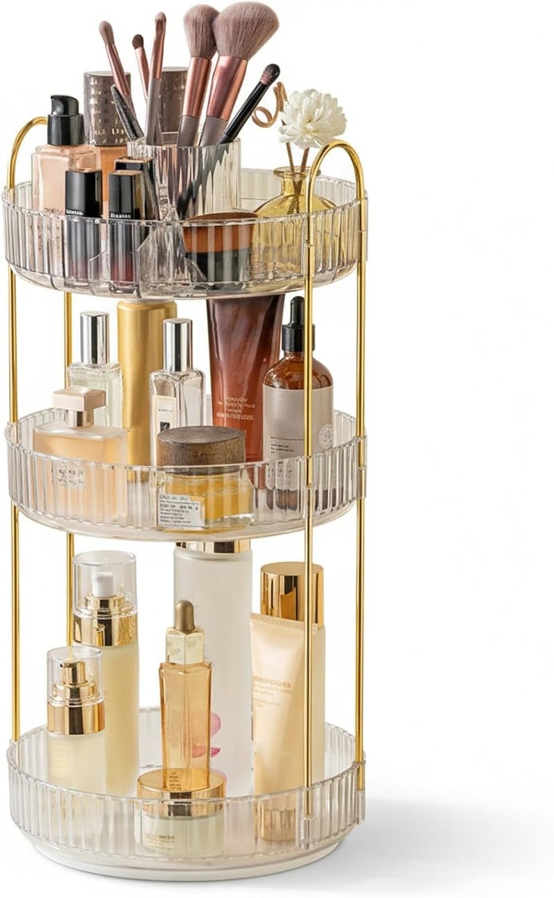 SHANNA Make Up Cosmetic Organiser: 360° Rotatable 3-Stage Large Capacity Makeup Storage Multifunctional Round Rotating Makeup Brush Holder for Dressing Table Bedroom (Clear-A) - Image 1