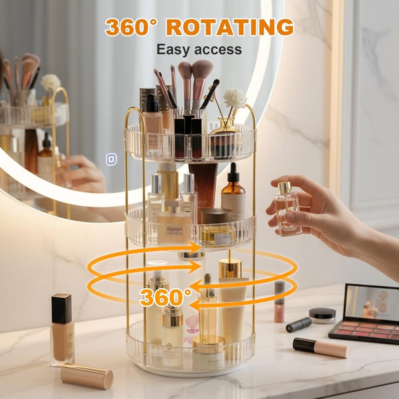 SHANNA Make Up Cosmetic Organiser: 360° Rotatable 3-Stage Large Capacity Makeup Storage Multifunctional Round Rotating Makeup Brush Holder for Dressing Table Bedroom (Clear-A) - Image 4