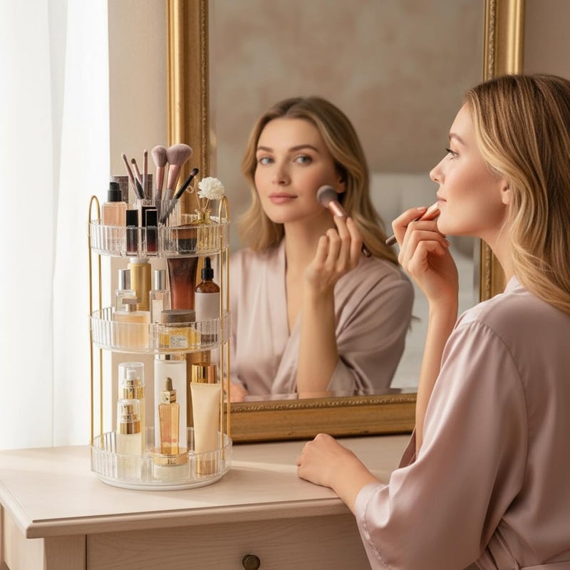 SHANNA Make Up Cosmetic Organiser: 360° Rotatable 3-Stage Large Capacity Makeup Storage Multifunctional Round Rotating Makeup Brush Holder for Dressing Table Bedroom (Clear-A) - Image 3