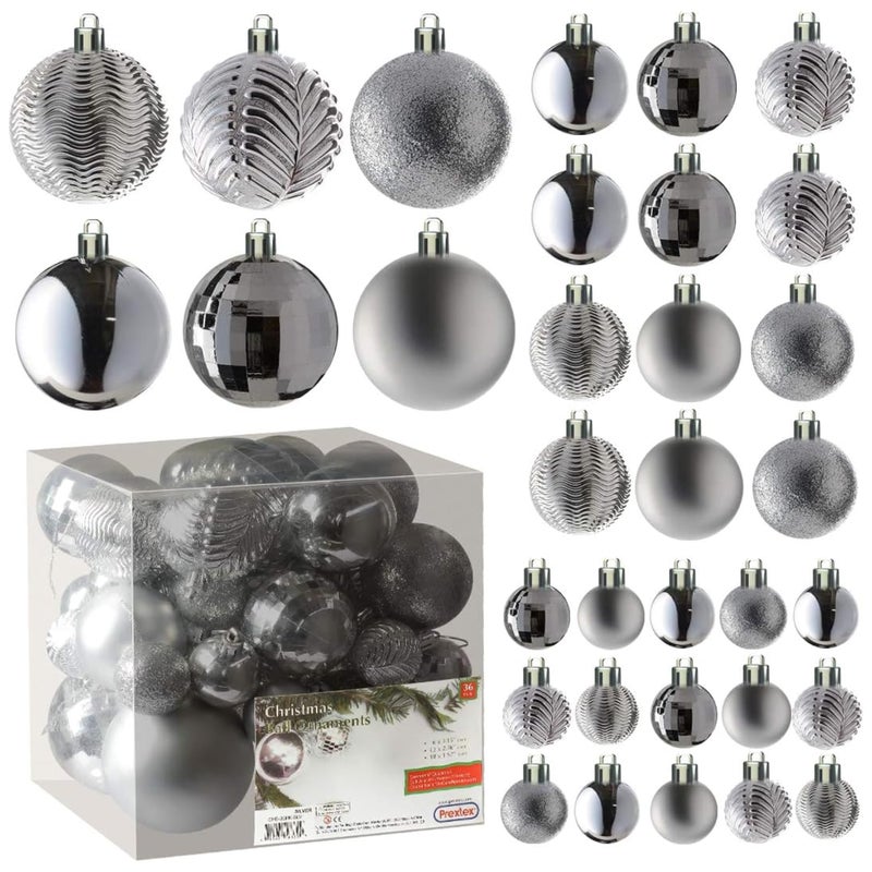 Prextex Christmas Tree Ornaments  Silver Christmas Ball Ornaments Set for Christmas Holiday Wreath and Party Decorations 36 pcs  Small Medium Large Shatterproof