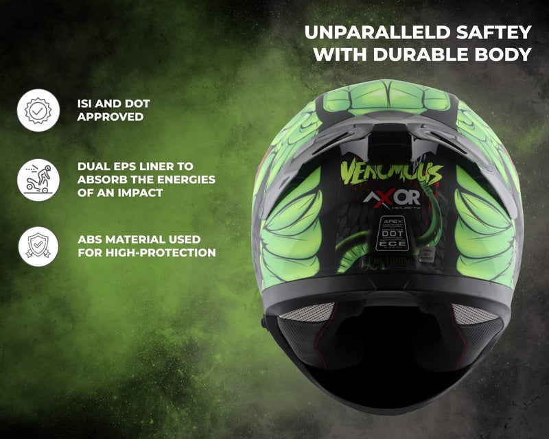 Axor Apex Venomous ISI ECE DOT Certified Full Face Dual Visor Helmet for Men and Women with Pinlock Fitted Outer Clear Visor and Inner Smoke Sun Visor Dull Black Neon Green(L) - Image 4