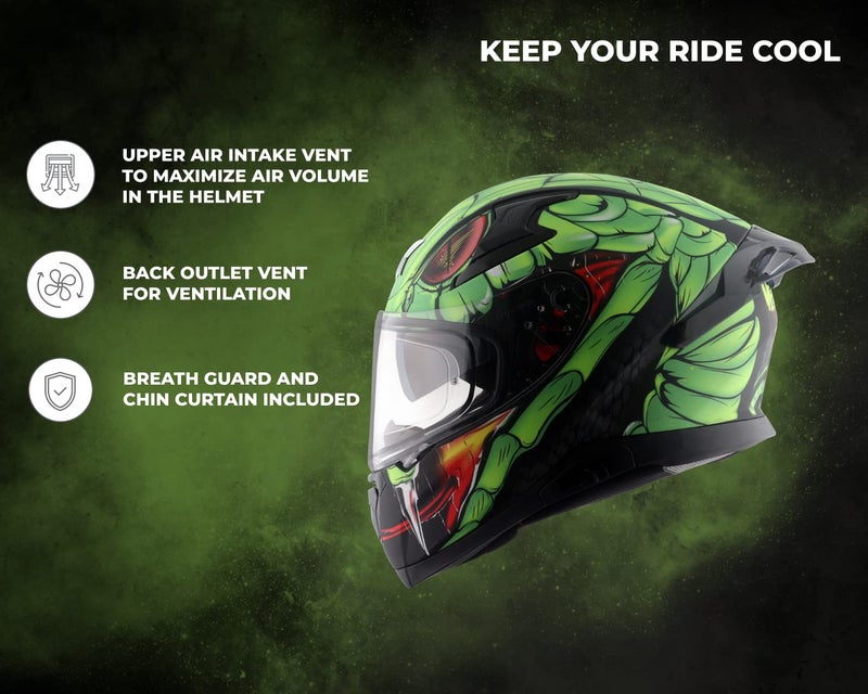 Axor Apex Venomous ISI ECE DOT Certified Full Face Dual Visor Helmet for Men and Women with Pinlock Fitted Outer Clear Visor and Inner Smoke Sun Visor Dull Black Neon Green(L) - Image 3