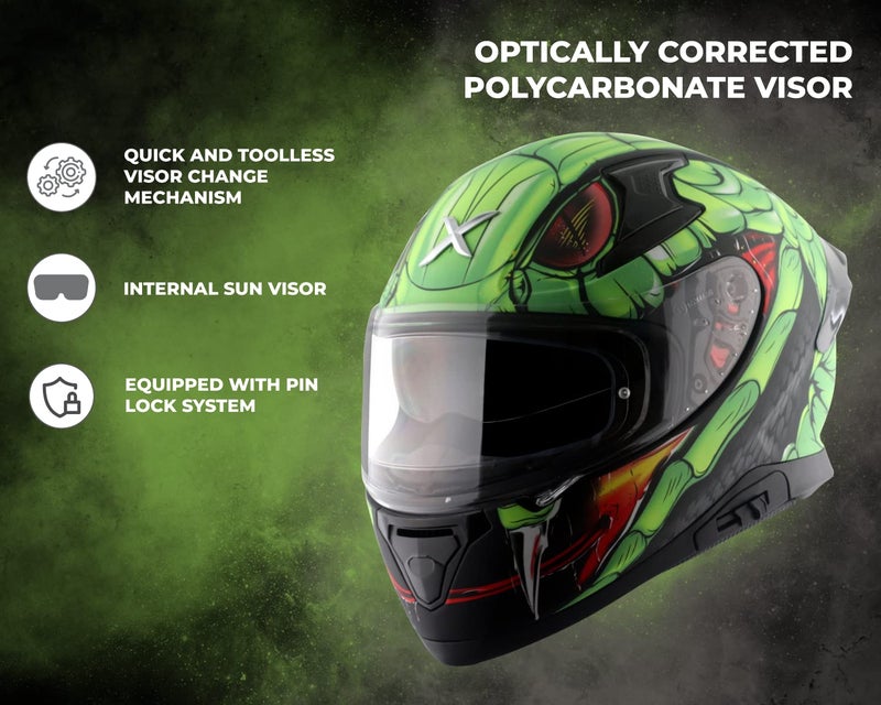 Axor Apex Venomous ISI ECE DOT Certified Full Face Dual Visor Helmet for Men and Women with Pinlock Fitted Outer Clear Visor and Inner Smoke Sun Visor Dull Black Neon Green(L) - Image 2