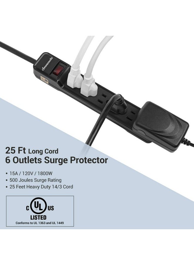 DEWENWILS DEWENWILS 25FT Power Strip Surge Protector, 6-Outlet Strips with Low Profile Flat Plug, 15 Amp Circuit Breaker, 500 Joules, Wall Mount, UL Listed  - Image 2