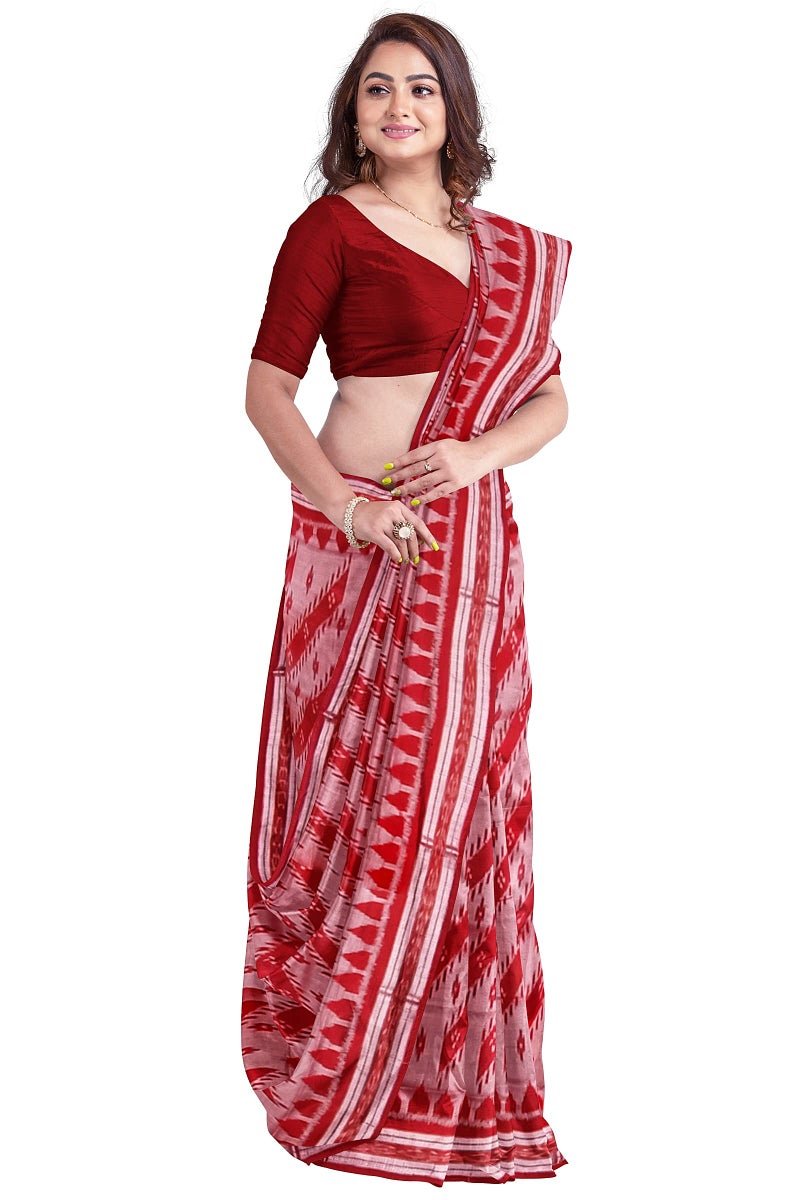 BHS Odisha Handloom Handmade Pure Cotton Red Geometric Ikkat Sambalpuri Saree For Women/Ethnic Wear/Traditional Saree/Handloom Saree Without Blouse Piece - Image 2
