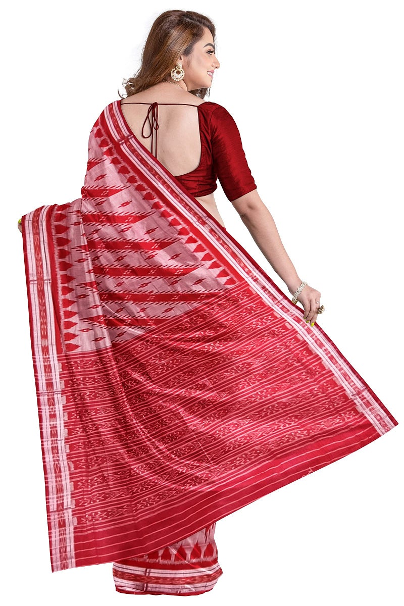 BHS Odisha Handloom Handmade Pure Cotton Red Geometric Ikkat Sambalpuri Saree For Women/Ethnic Wear/Traditional Saree/Handloom Saree Without Blouse Piece - Image 3