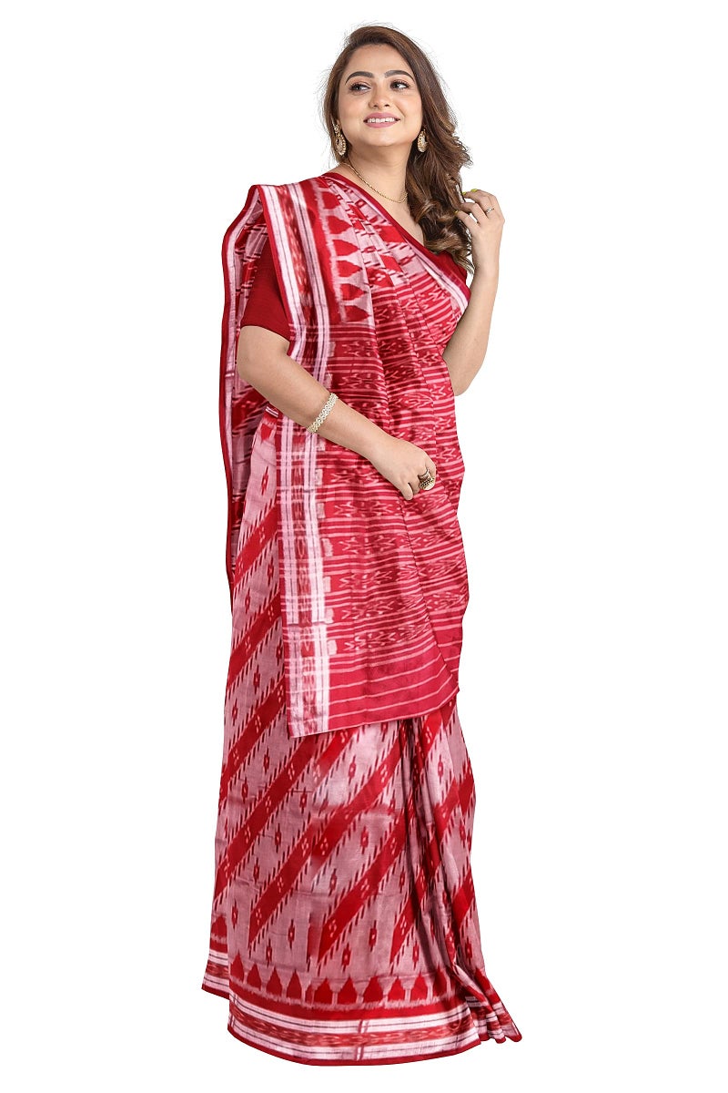 BHS Odisha Handloom Handmade Pure Cotton Red Geometric Ikkat Sambalpuri Saree For Women/Ethnic Wear/Traditional Saree/Handloom Saree Without Blouse Piece - Image 4