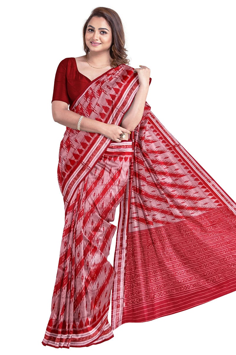 BHS Odisha Handloom Handmade Pure Cotton Red Geometric Ikkat Sambalpuri Saree For Women/Ethnic Wear/Traditional Saree/Handloom Saree Without Blouse Piece - Image 1