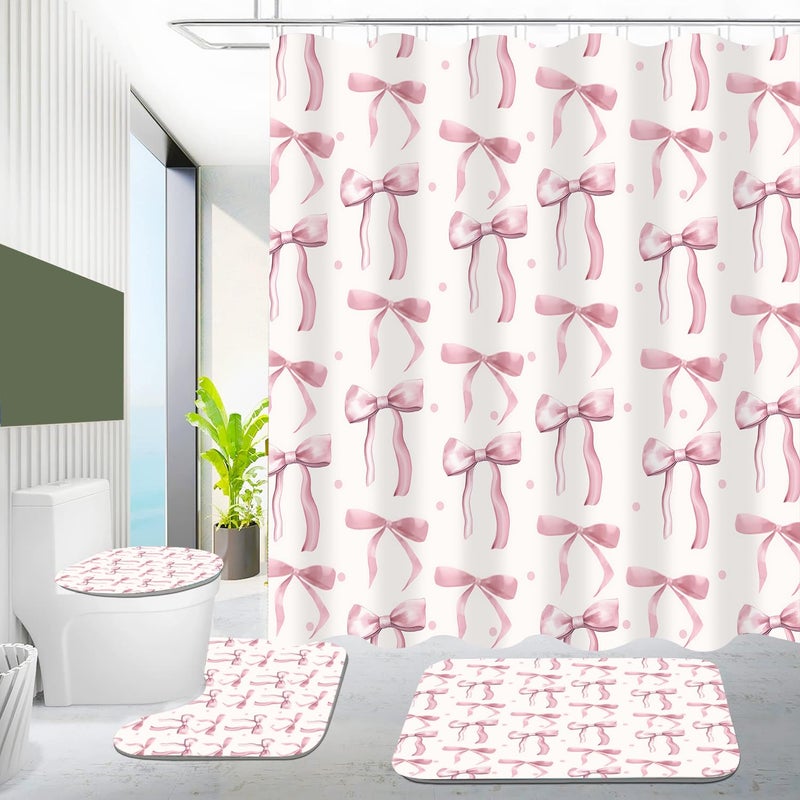 AZHM 4Pcs Pink Shower Curtain Set Cute Bathroom Sets with Shower Curtain and Rugs and Accessories Aesthetic Bathroom Decor Set with 12 Hooks - Image 4
