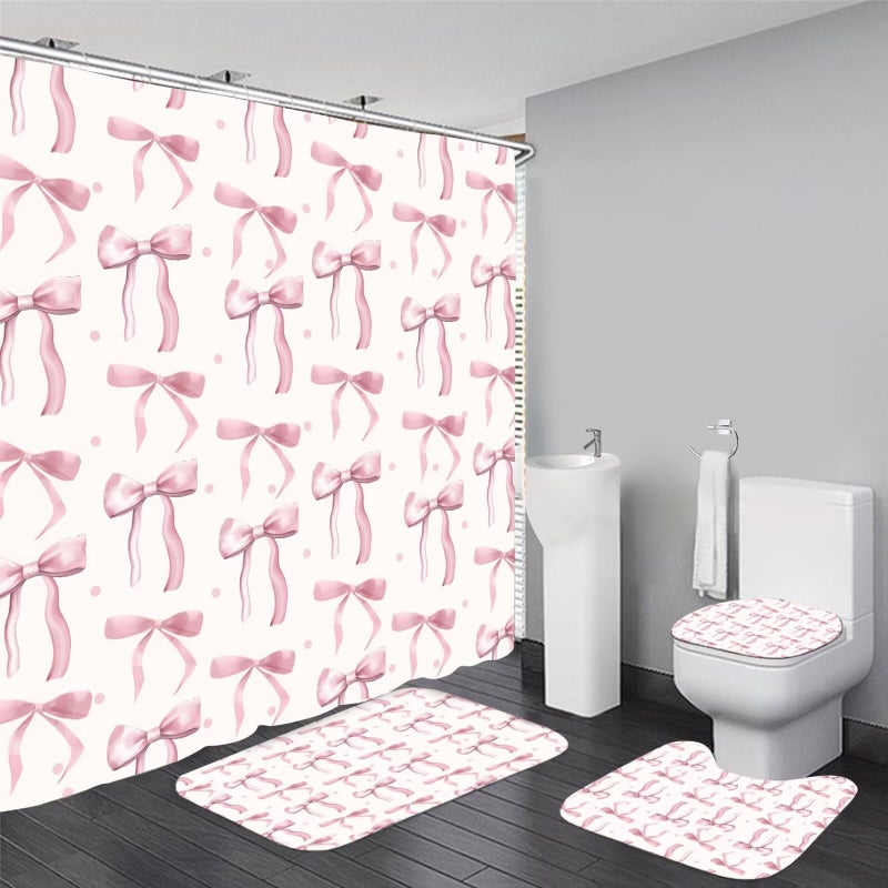 AZHM 4Pcs Pink Shower Curtain Set Cute Bathroom Sets with Shower Curtain and Rugs and Accessories Aesthetic Bathroom Decor Set with 12 Hooks - Image 1
