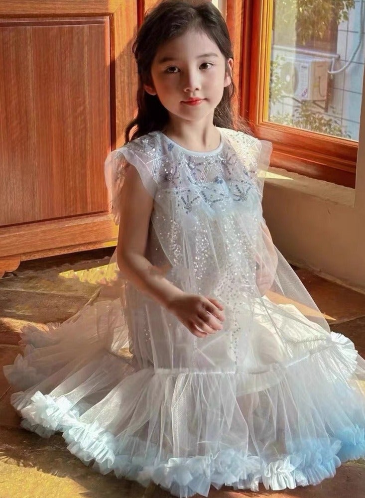 2-3Y Baby Girl Summer Sleeveless Princess Dress, White Tulle Sequin Gown with Light Blue Ruffle Hem, Elegant Pageant Outfit for Eid, Birthday, Parties  - Image 3