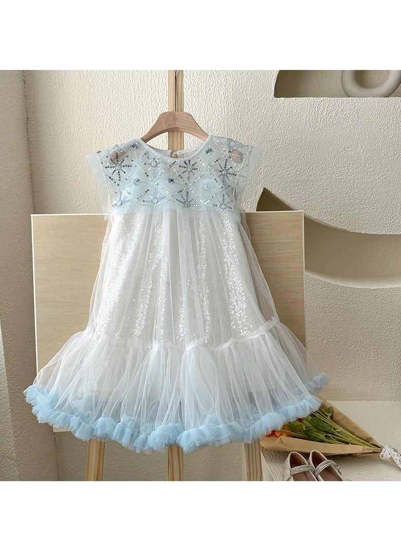2-3Y Baby Girl Summer Sleeveless Princess Dress, White Tulle Sequin Gown with Light Blue Ruffle Hem, Elegant Pageant Outfit for Eid, Birthday, Parties  - Image 2