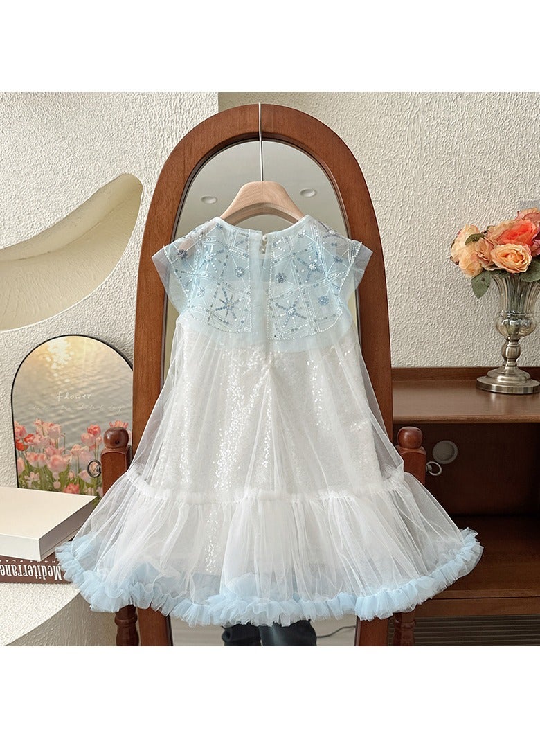 2-3Y Baby Girl Summer Sleeveless Princess Dress, White Tulle Sequin Gown with Light Blue Ruffle Hem, Elegant Pageant Outfit for Eid, Birthday, Parties  - Image 1