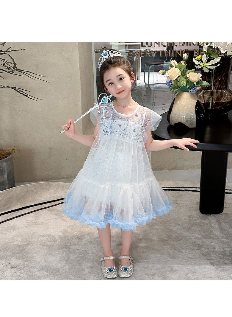 2-3Y Baby Girl Summer Sleeveless Princess Dress, White Tulle Sequin Gown with Light Blue Ruffle Hem, Elegant Pageant Outfit for Eid, Birthday, Parties  - Image 5