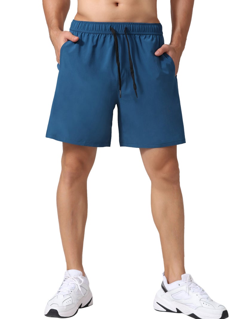 Quick Dry Shorts: Medium Blue, Lightweight 92% Polyester 8% Spandex - Elastic Waist With Drawstring Workout Shorts for Running, Fitness, Outdoor Sports - Image 1