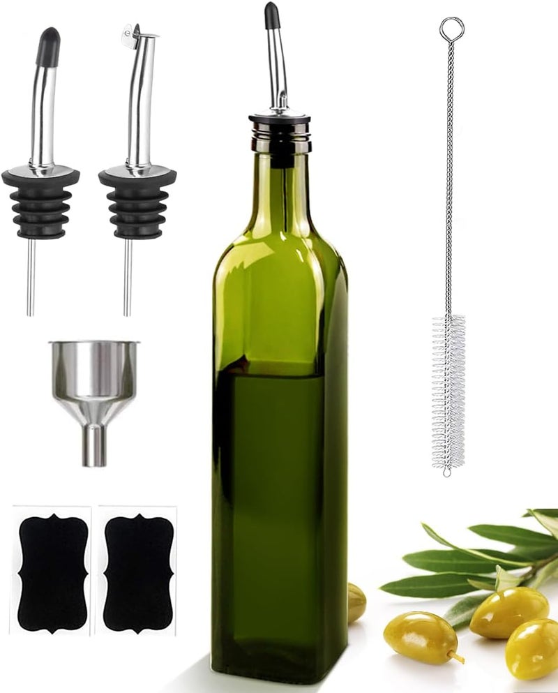 Leaflai Olive Oil Dispenser Bottle, 17oz Glass Oil Dispenser and Vinegar Dispenser Set 500ml Green Glass Oil Bottle Dispenser with Pourers,Funnel and Brush - Image 1