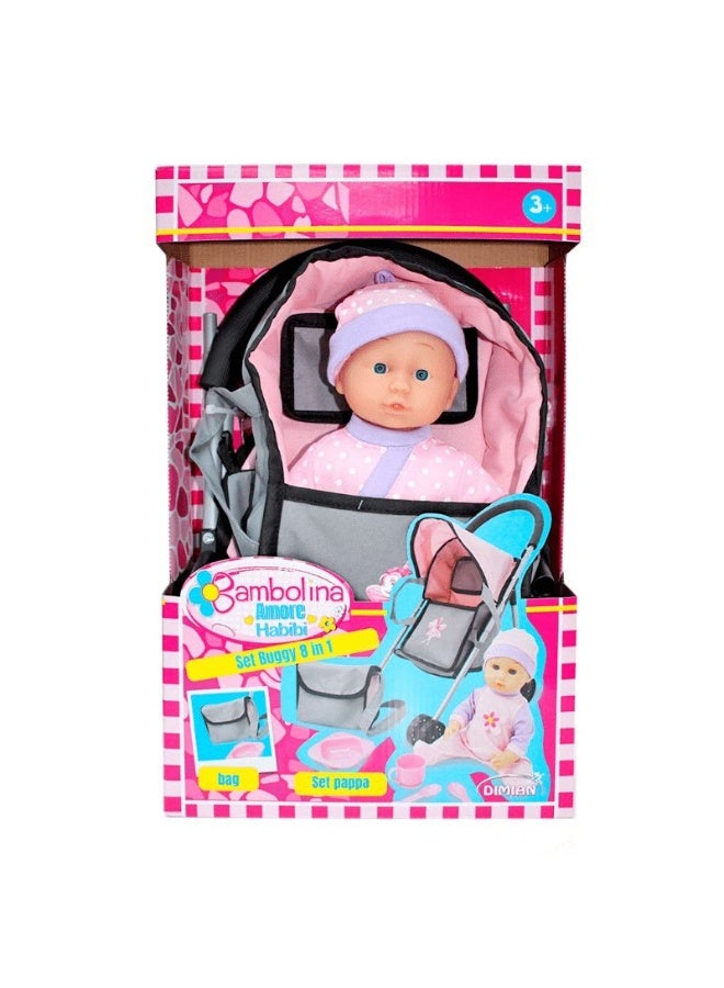 Bambolina مجموعة بامبولينا عربة 8 في 1 مع دمية 29 سم مع ملحقات BD2118SUP - Image 1
