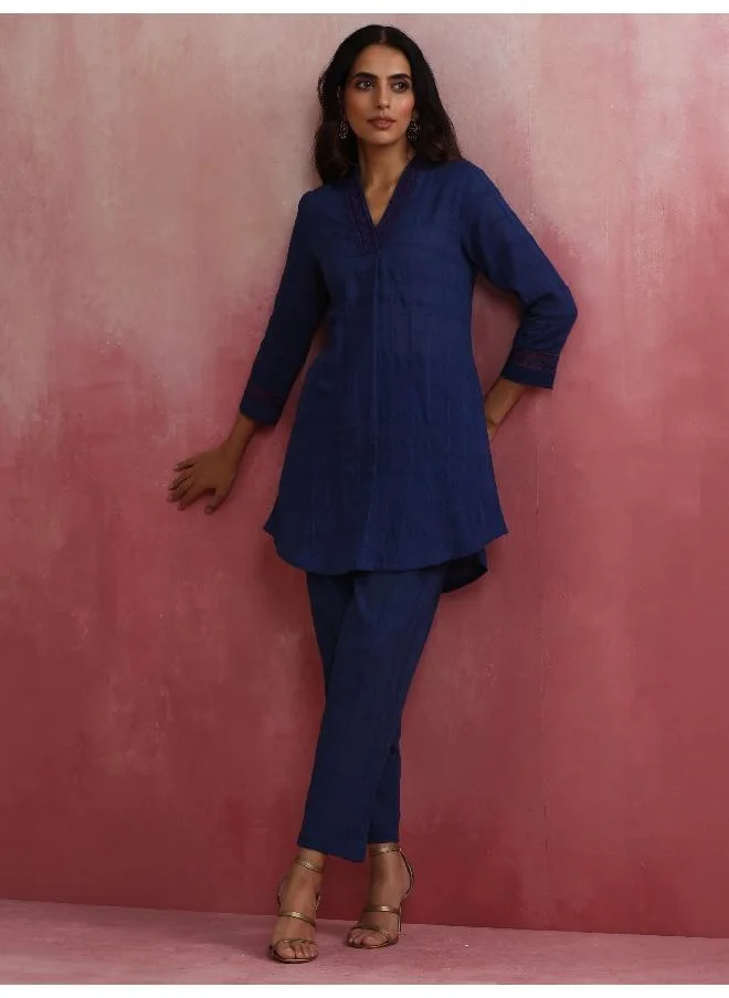ترو برونز trueBrowns Dark Blue Cotton Dobby Kurta Co-ord set