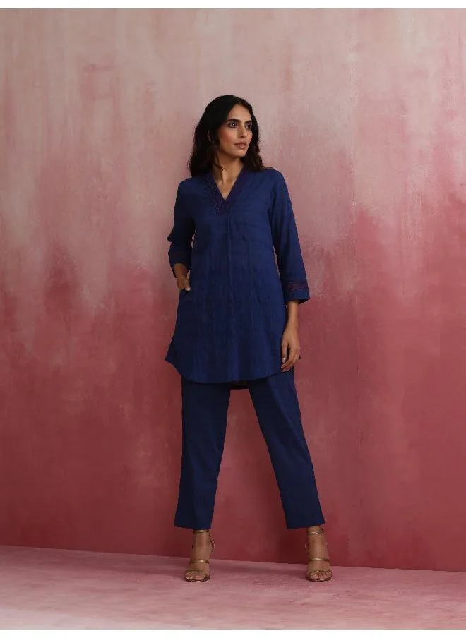 ترو برونز trueBrowns Dark Blue Cotton Dobby Kurta Co-ord set
