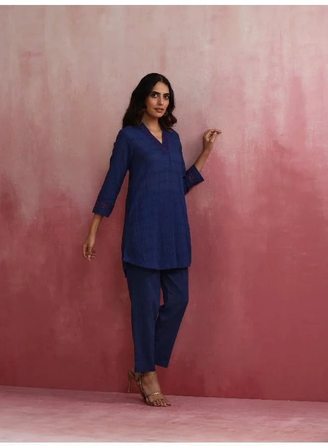 trueBrowns Dark Blue Cotton Dobby Kurta Co-ord set