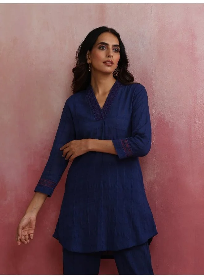 trueBrowns Dark Blue Cotton Dobby Kurta Co-ord set